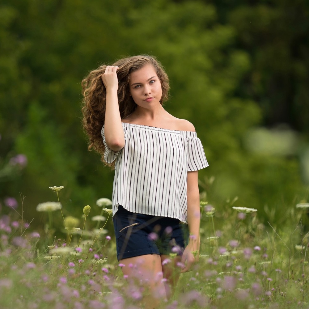 Doe & Rae Off the Shoulder White & Black Striped Flowy Top